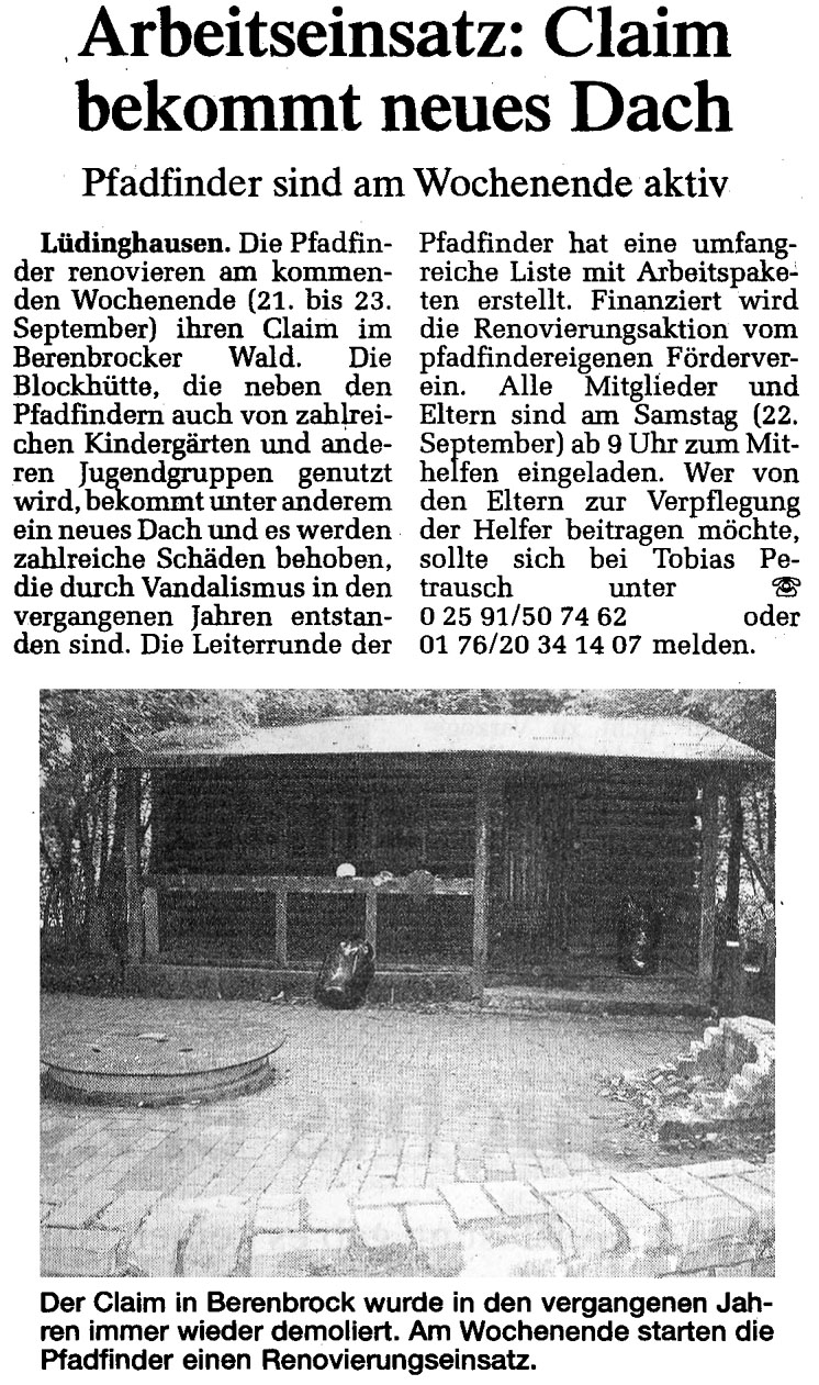 Zeitungsbericht Arbeitseinsatz: Claim bekommt neues Dach, WN 21.9.2007