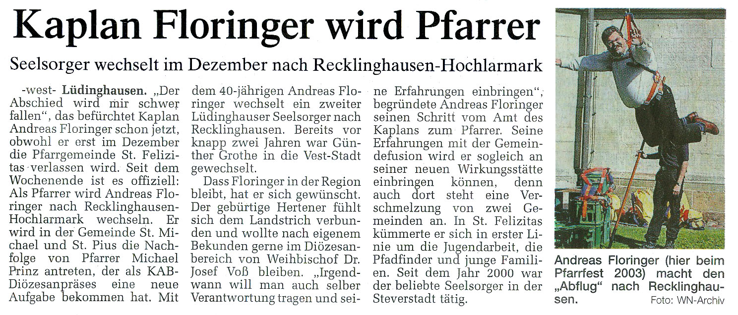 Zeitungsbericht Kaplan Floringer wird Pfarrer, WN 10.9.2007