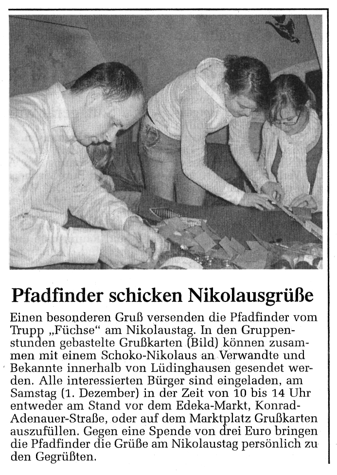 Zeitungsbericht Pfadfinder schicken NikolausgrüÃŸe, WN 30.11.2007
