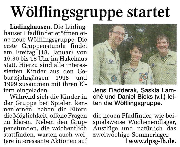 Zeitungsbericht Wölflingsgruppe startet, WN 15.01.2008